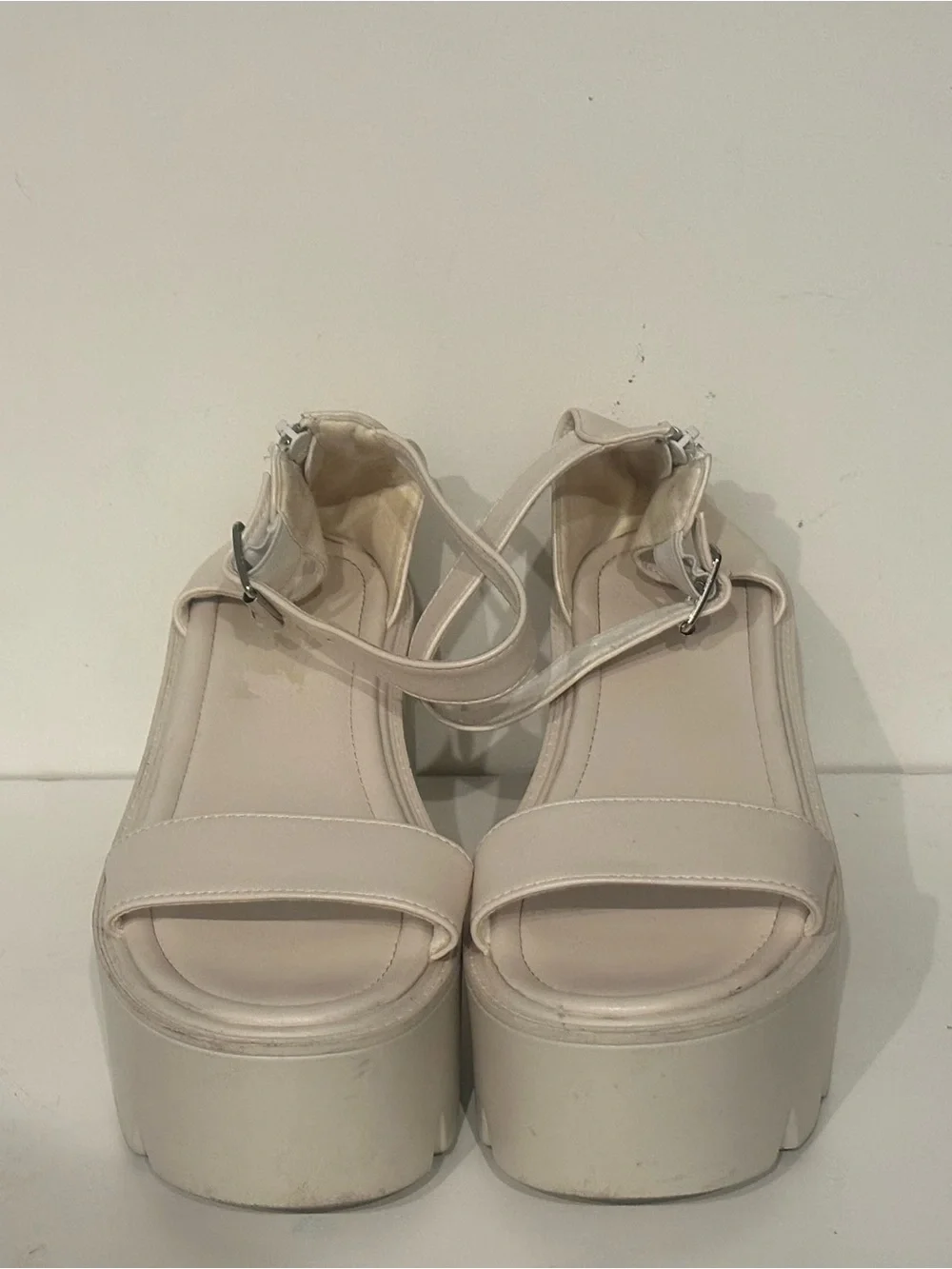 Women White Chunky Platform Lug Sole Sandals Ankle Strap Zipper Block Heel Sz:10